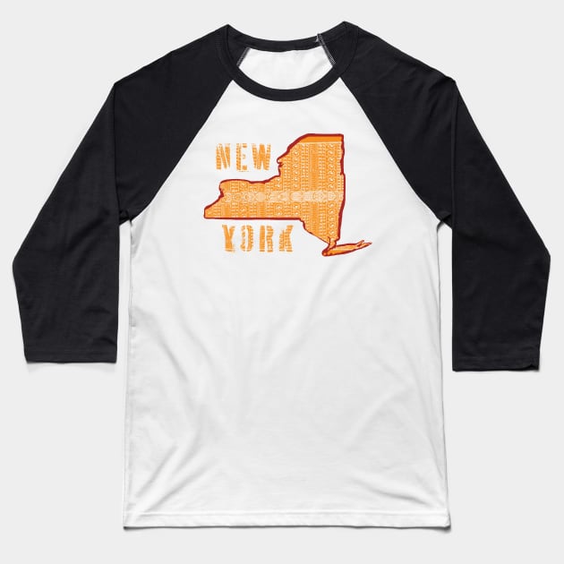 Polynesian Style New York State Map and Spellout Baseball T-Shirt by pelagio